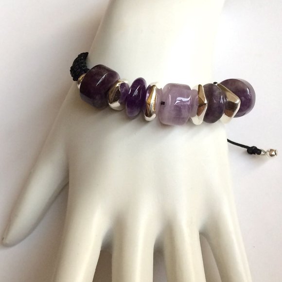 Silver Amethyst Stone Rope Bracelet Purple 6-9" - Picture 2 of 11
